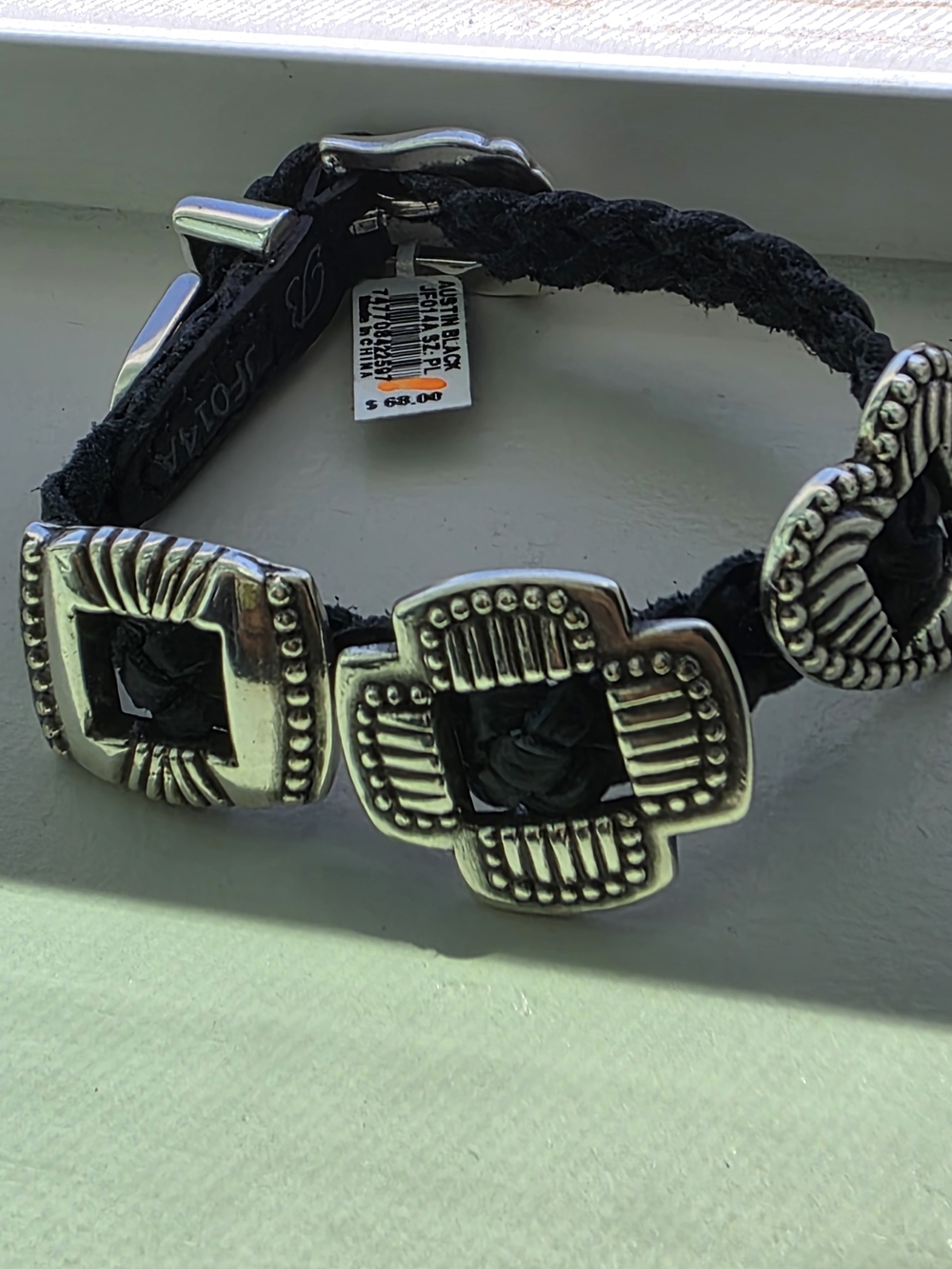 Brighton BANDIT Black Braided Leather Bracelet Silver WESTERN Buckle Belt NEW$68